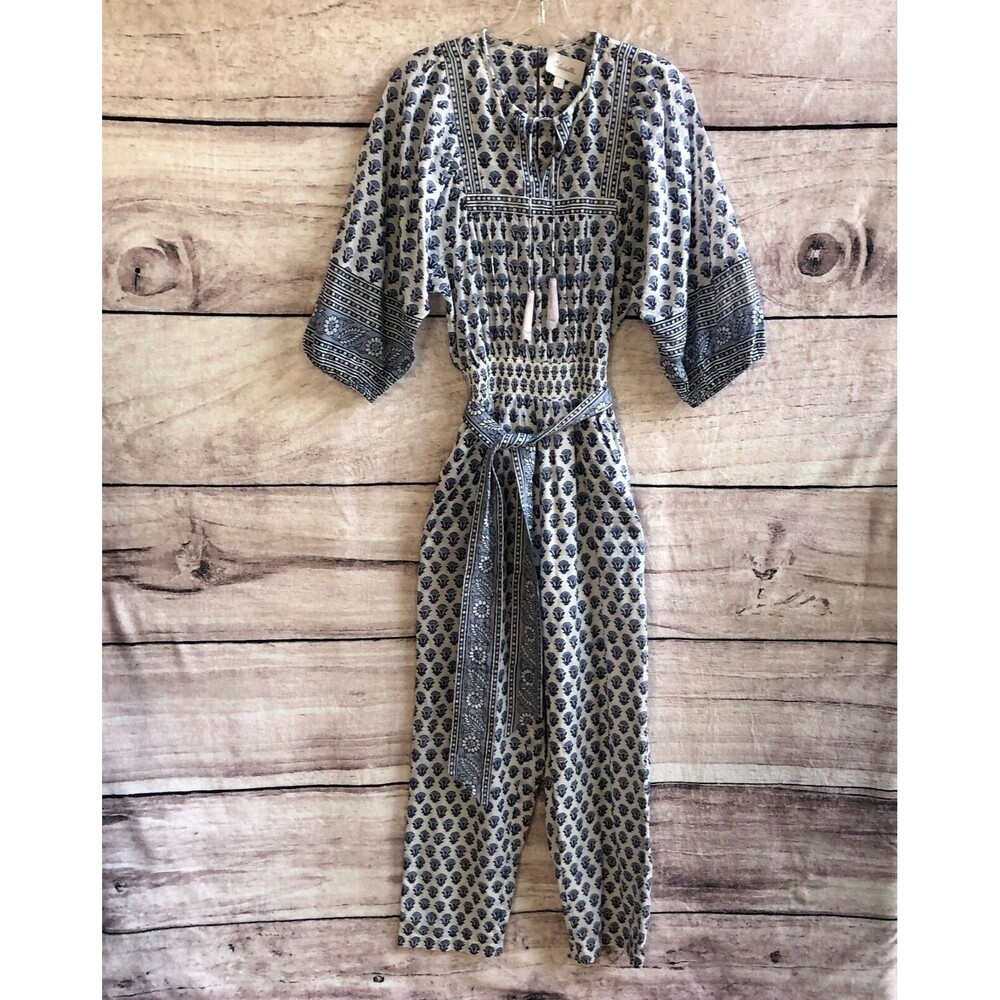 Cleobella Jumpsuit S Womens White Blue Tassel Belted Pants Pockets Boho Hippie